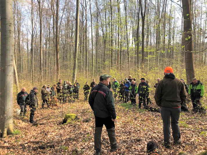 Revierleiter Matthias Beyer und ANW Vorstand Lars Wollschläger in Diskussion mit den TeilnehmerInnen im Waldbild 1